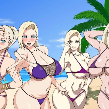 4girls, abs, alternate hairstyle, arm up, armpits, bare shoulders, beach, belly, big ass, big breasts, bikini, blonde hair, blue eyes, blush, boruto: naruto next generations