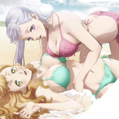 2girls, all fours, beach, bent over, big breasts, bikini, black clover, blush, breasts, brown hair, busty, cleavage, curvy, female, female only