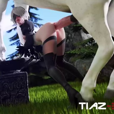 anal, anal penetration, animal genitalia, anus, ass, erection, female, horse, horsecock, huge cock, male, nier, nier: automata, no sound, penetration