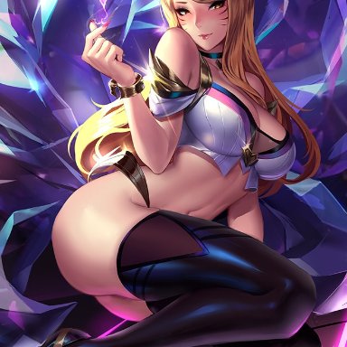 ahri, alternate costume, big breasts, blonde hair, breasts, cianyo, cleavage, female, female only, k/da ahri, large breasts, league of legends, looking at viewer, solo, thighhighs