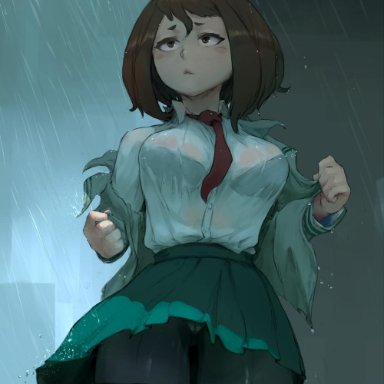 1girl, artist name, bra, brown eyes, brown hair, cutesexyrobutts, female, female only, hair, legwear, my hero academia, ochako uraraka, rain, school uniform, see-through