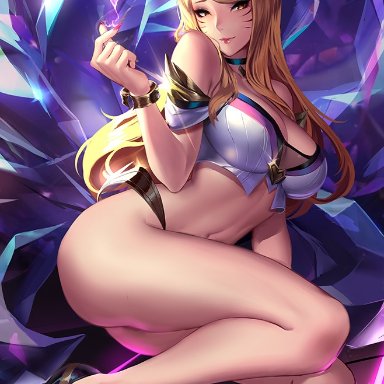 ahri, alternate costume, big breasts, blonde hair, breasts, cianyo, cleavage, female, female only, k/da ahri, large breasts, league of legends, looking at viewer, solo