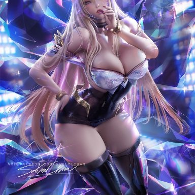 ahri, big breasts, breasts, cleavage, female, female only, k/da, k/da ahri, large breasts, league of legends, looking at viewer, sakimichan, solo, thighhighs