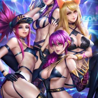 4girls, ahri, akali, alternate costume, bra, breasts, cleavage, evelynn, female, female only, garter belt, k/da, k/da ahri, k/da akali, k/da evelynn