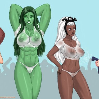 4girls, flick, gwenpool, marvel, panties, she-hulk, squirrel girl, storm, wet clothes, wet t-shirt, yuri