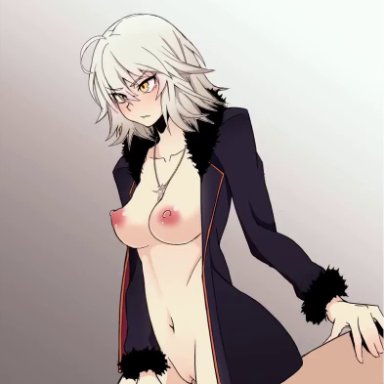 1boy, 1girl, animated, audionoob, blush, bottomless, breasts, coat, cowgirl position, fate (series), fate/grand order, female, fujimaru ritsuka (male), girl on top, hetero