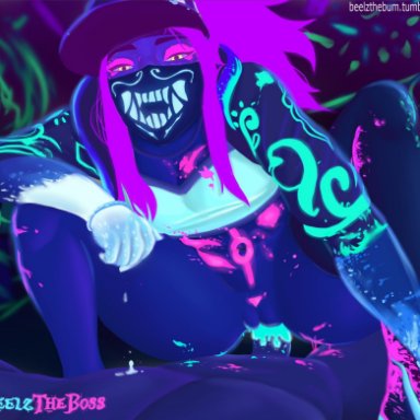 1boy, 1girl, akali, beelztheboss, bodypaint, breasts, cowgirl position, glowing, hat, jacket, k/da akali, k/da series, league of legends, male, mask