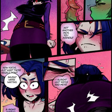 ass, beast boy, bent over, blush, breasts, cleavage, comic, dc, english text, female, highres, penis, raven, sex, speech bubble