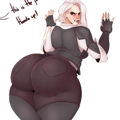 1girl, ashe (overwatch), ass, big ass, big breasts, breasts, clothed, english text, female, female only, hands up, huge ass, looking back, monochrome, sunnysundown