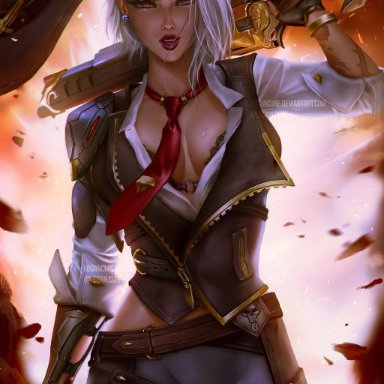 ashe (overwatch), beauty mark, bra, breasts, cleavage, clothed, clothing, earrings, explosion, female, female only, gloves, gun, hat, lipstick