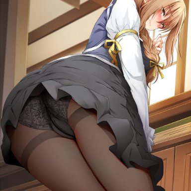 ass, black panties, blonde hair, blush, braid, braided hair, eyebrows visible through hair, female, ginhaha, goblin slayer, gold eyes, guild girl (goblin slayer), human, lingerie, looking at viewer