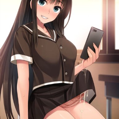 2018, big breasts, blue eyes, blush, brown hair, bulge, casual, cellphone, classroom, color, condessa, cum, cum in clothes, cum through clothes, cumdrip