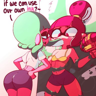 2girls, animated, bike shorts, diives, fellatio, female, female only, inkling, oral, splatoon, tentacle, text, yuri