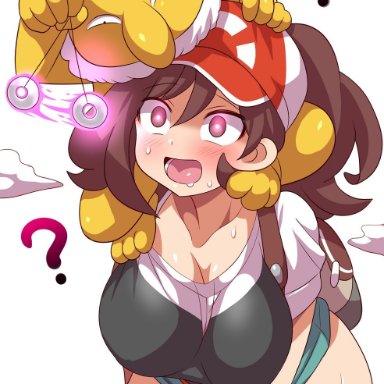 ?, 1girl, alternate breast size, ambiguous gender, ass, big ass, blush, breasts, brown hair, cleavage, clothed, drooling, female, female protagonist (pokemon lgpe), furry