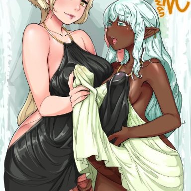 balls, breasts, cleavage, dark skin, dark-skinned futanari, dickgirl, elf, erection, erection under clothes, futa on futa, futanari, huge cock, neone-x, penis under clothes, testicles