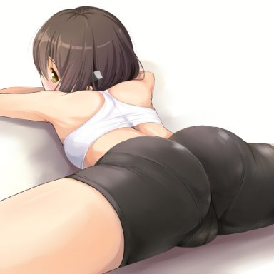 alternate costume, ass, bare arms, bare shoulders, bike shorts, blush, brown hair, female, flexible, from behind, ipuu (el-ane koubou), kantai collection, looking at viewer, looking back, lying