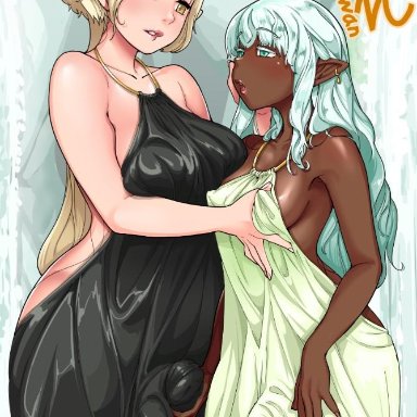 2girls, aqua hair, big testicles, blonde hair, blush, breast grab, breasts, bulge, caressing testicles, cleavage, covered nipples, curvy, dark elf, dark skin, dark-skinned futanari