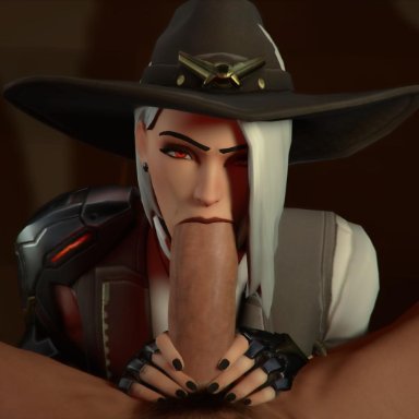 3d, ashe (overwatch), big penis, erection, fellatio, female, leeterr, looking at viewer, male, mole above mouth, oral, overwatch, penis, pov, source filmmaker