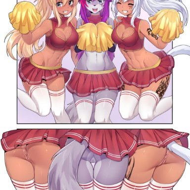 3girls, anthro, anus, ass, breasts, catgirl, cheerleader, cleavage, feline, female, female only, iwbitu, pussy, tattoo, tattoos