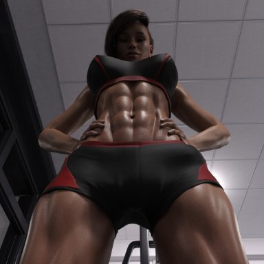 3d, abs, breasts, bulge, cleavage, dickgirl, erection under clothes, futa only, futanari, looking at viewer, muscles, muscular, muscular futanari, penis under clothes, serge3dx