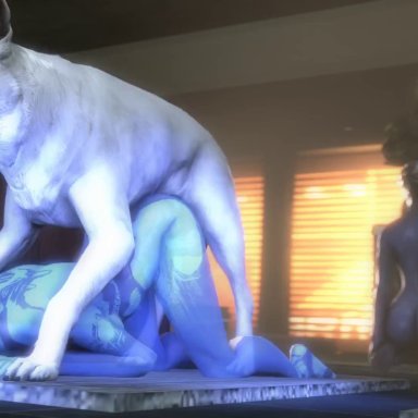 3d, alien, all fours, animated, asari, ass, bent over, blue skin, canine, cortana, dog, doggy style, edit, fellatio, female