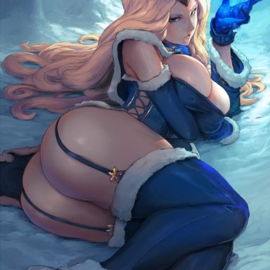 ass, big breasts, breasts, cleavage, cutesexyrobutts, female, female only, garter belt, kolin, large breasts, looking at viewer, looking back, solo, street fighter, thighhighs