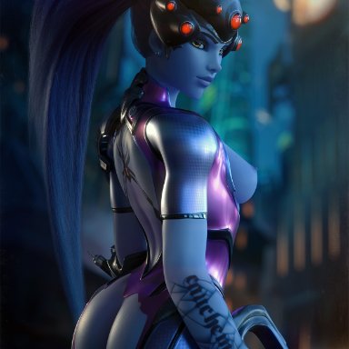 3d, areolae, ass, blender, breasts, female, female only, looking at viewer, nipples, overwatch, solo, vgerotica, widowmaker