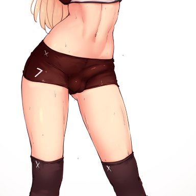 abs, blonde hair, bluefield, bulge, femboy, girly, glasses, green eyes, kubo (artist), long hair, male, smile, solo, standing, trap