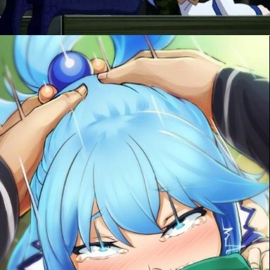 1boy, absurdres, aqua (konosuba), artist name, asian, asian female, asian male, asian penis, bangs, bare shoulders, blue eyes, blue hair, blush, cum, cum in mouth