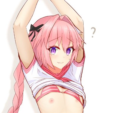 1boy, arms up, astolfo (fate), bra, bra lift, braid, crossdressing, damao yu, fate (series), flat chest, highres, looking at viewer, male, male only, nipples