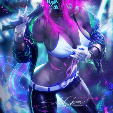 akali, breasts, cleavage, female, female only, k/da akali, k/da series, league of legends, looking at viewer, pinup, sakimichan, solo