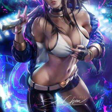 akali, breasts, cleavage, female, female only, k/da akali, k/da series, league of legends, looking at viewer, pinup, sakimichan, solo