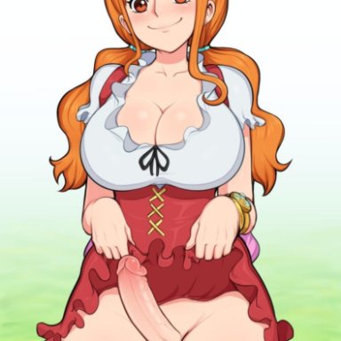 afrobull, balls, big breasts, breasts, cleavage, dickgirl, erection, futa only, futanari, large breasts, looking at viewer, nami, one piece, penis, skirt