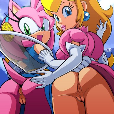 2018, 2girls, 5 fingers, amy rose, animal ears, anthro, anthrofied, anus, ass, black nose, blonde, blonde hair, blue dress, blue eyes, bottomless