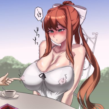 blush, breasts, brown hair, doki doki literature club, erect nipples, erect nipples under clothes, female, green eyes, monika (doki doki literature club), nipple tweak, nipples, nipples visible through clothing, tagme