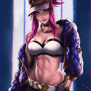 abs, akali, alternate costume, animated, blue eyes, breasts, cleavage, dandon fuga, female, female only, hat, idol, jacket, k/da akali, k/da series