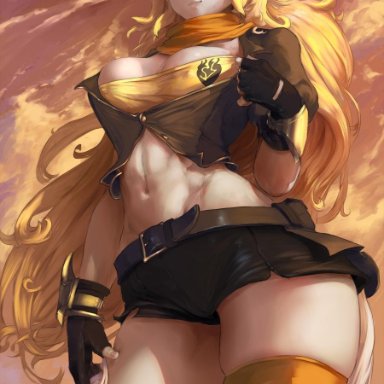 blonde hair, breasts, cleavage, clothing, curvy, cutesexyrobutts, female, female only, fingerless gloves, gloves, hair, long hair, purple eyes, rwby, short shorts