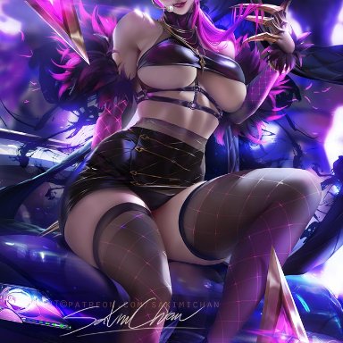 alternate costume, black skirt, breasts, cleavage, evelynn, female, female only, high heels, k/da evelynn, k/da series, league of legends, long skirt, looking at viewer, panties, pinup