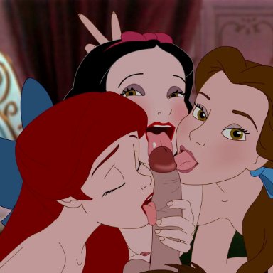 animated, ariel, beauty and the beast, belle, big areola, bouncing breasts, cleavage, crossover, disney, erect nipples, fellatio, loop, no sound, puffy nipples, red hair