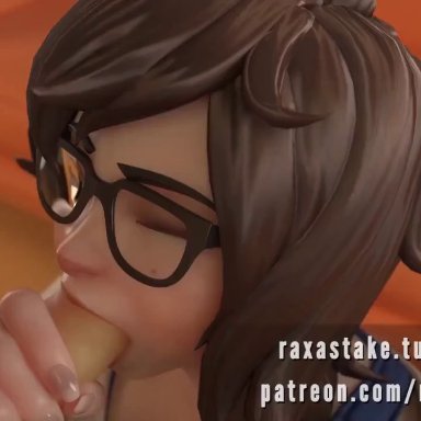 3d, animated, asian, blender, erection, fellatio, female, foreskin, glasses, handjob, looking at viewer, loop, male, mei (overwatch), oral