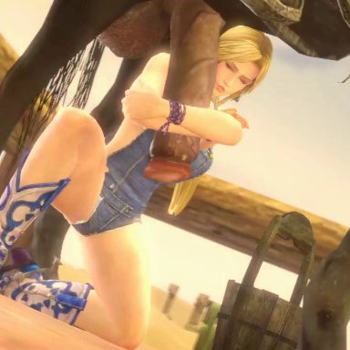 3d, animal genitalia, animated, balls, blonde hair, boots, bouncing breasts, bucket, cock worship, cowboy boots, cowgirl, dead or alive, erection, esk, female