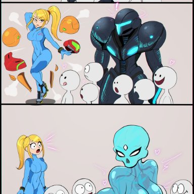 alien, armor, big breasts, blonde, bodysuit, breasts, comic, curvy, dark samus, female, jealous, male, metroid, metroid prime, nintendo