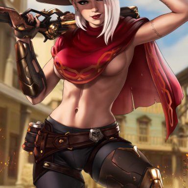 1girl, ashe (overwatch), beauty mark, belly, clothes, cowboy hat, dandon fuga, earrings, female, female focus, female only, gloves, gun, hat, hollywood (map)
