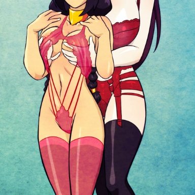 2girls, age difference, avatar the last airbender, black hair, blush, breasts, closed mouth, female, female only, full body, green eyes, half-closed eyes, highres, human, human only