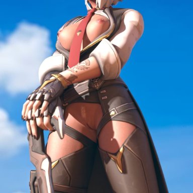 3d, areolae, ashe (overwatch), breasts, cowboy hat, female, female only, guiltyk, looking at viewer, nipple piercing, nipples, overwatch, pussy, red eyes, solo