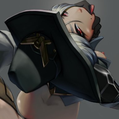 1boy, 1girl, ashe (overwatch), ass, beauty mark, breasts, clothes, cowboy hat, dimples of venus, female, female focus, finger in mouth, from behind, gloves, grabbing