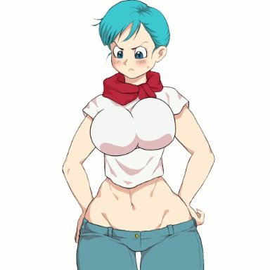 1girl, abs, angry, animated, big breasts, blue eyes, blue hair, blush, bouncing breasts, breasts, bulma briefs, dragon ball, embarrassed, female, female only