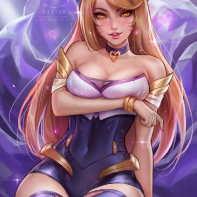 ahri, alternate costume, big breasts, blonde hair, breasts, cleavage, female, female only, k/da ahri, k/da series, kittew, large breasts, league of legends, looking at viewer, solo