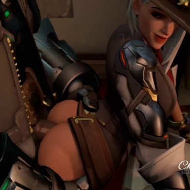 3d, animated, ashe (overwatch), ass, audiodude, bob (overwatch), chameleonhops, cowboy hat, duo, erection, female, from behind, living machine, loop, male