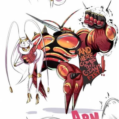 3koma, ahe gao, ambiguous gender, antennae, anthro, ass, big hands, black eyes, blush, buzzwole, clenched teeth, dialogue, drooling, empty eyes, eyelashes